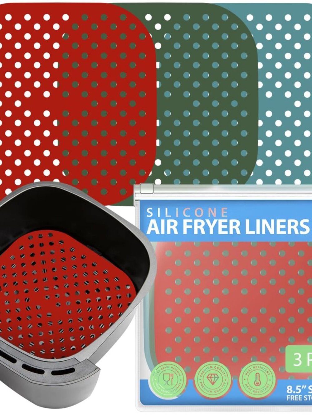 Reusable Square Silicone Air Fryer Liners 8.5 Inch, 3 Pack by Linda’s Essentials